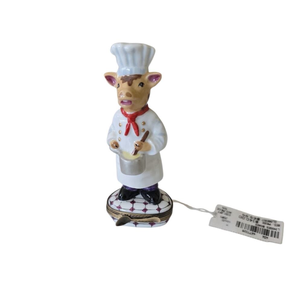 Vintage Limoges Bovine Chef with Saucepan, Egg & Butter Trinket Box